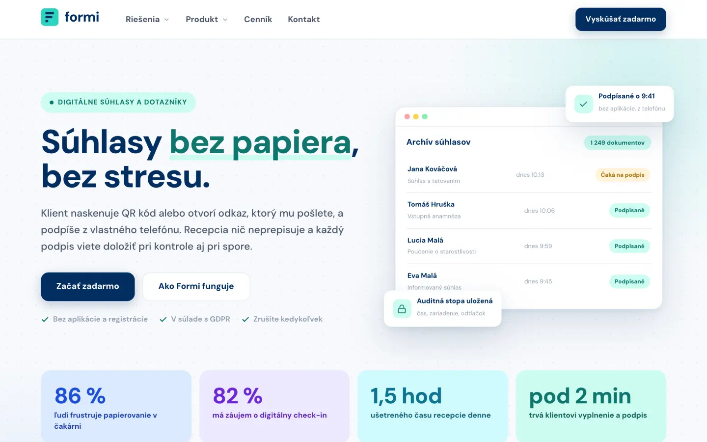 Formi homepage with digital consent forms