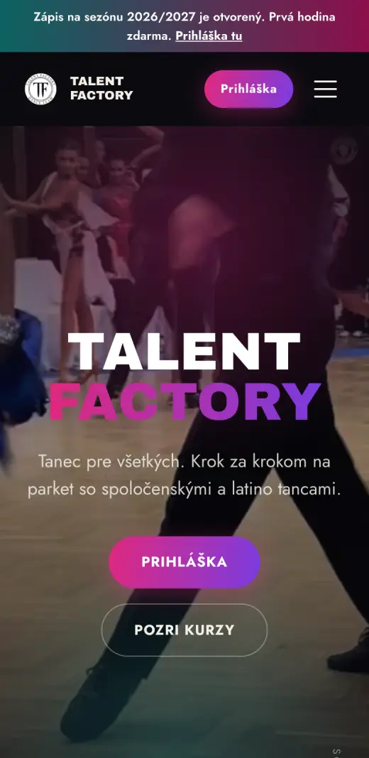 Talent Factory dance school website on a phone